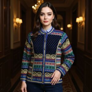 VRIKKE Norwegian Irene Haugland Zahl Wool Cardigan Womens M Elegant Lurex Knit